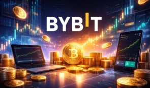 bybit logo with bitcoin tokens and chart