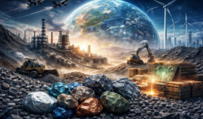 Precious minerals, excavation machines, earth in the background