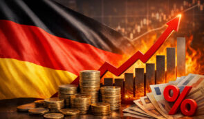 German inflation - german flag, euro, percentage symbol and red arrow