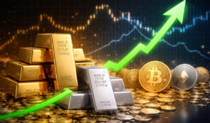 Gold and silver bars, and crypto tokens