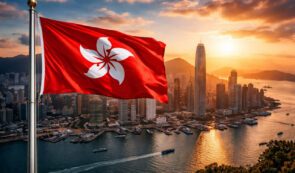 Hong Kong flag and the city in the background