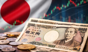Japanese yen bills, japan flag and trading chart