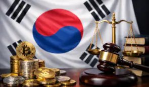 Korean flag, stack of cryptocurrency and a gavel