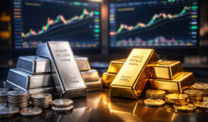 Silver, gold bars and market chart
