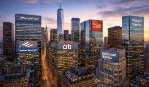 US Banks logos on buildings - JPMorgan, Goldman Sachs, Bank of America, Citi and Morgan Stanley