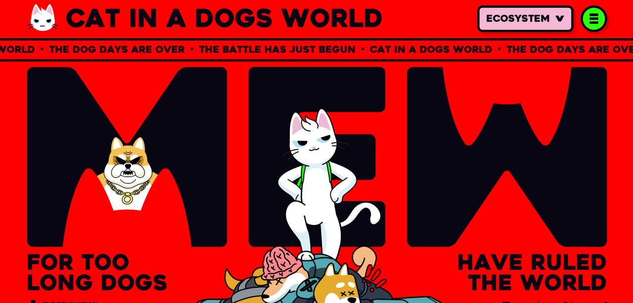 MEW cat challenging dog-themed meme coin dominance on Solana blockchain 2026