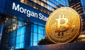 Morgan Stanley logo and building and Bitcoin