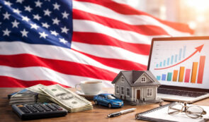USA flag, calculator, money, chart