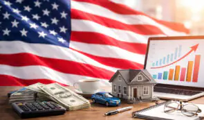 A desk setup featuring a United States flag in the background, a laptop displaying a financial growth chart, stacks of cash, a calculator, a miniature house and car, and a notebook.