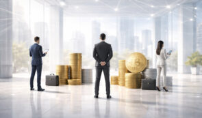 People with suits and stacks of Bitcoin