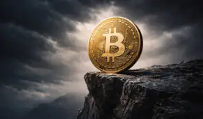 A physical Bitcoin token standing on the edge of a rocky cliff against a dramatic, cloudy sky.