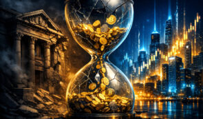 A crumbling bank building on the left, slightly in shadow, contrasting with a bright, modern digital cityscape on the right glowing with blue and gold light. In the center foreground, a large cracked hourglass filled with falling coins and crypto symbols.