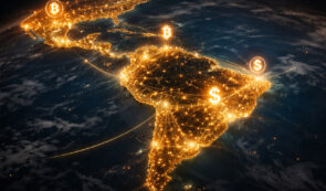 Latin America map with bitcoin and crypto payment grid