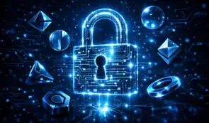 Digital illustration of a glowing blue padlock surrounded by floating cryptographic nodes, geometric shapes, and circuit board traces on a dark background.
