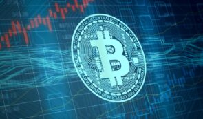 Bitcoin symbol on a tech background (3d rendered)