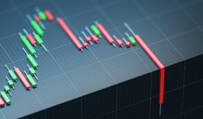 A 3D render depicting a stock market candle chart with green and red candlesticks on a dark grid background, symbolizing financial data analysis. 3D Rendering.