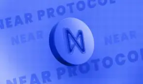 Alt: Blue 3D rendering of the Near Protocol token coin against a branded background pattern.