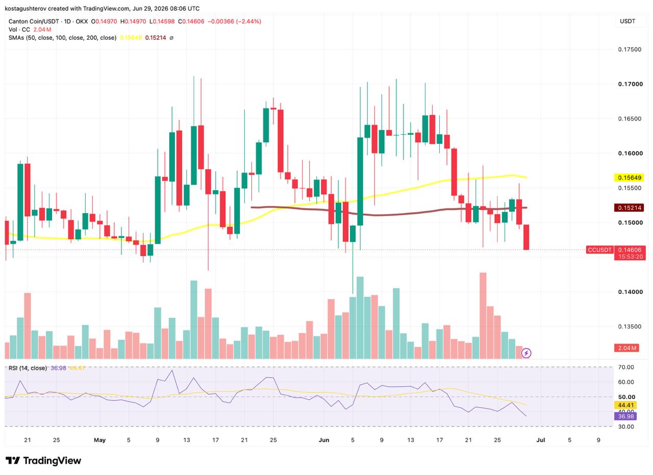 Daily price chart of Canton Coin (CC/USDT) on the OKX exchange as of June 29, 2026, showing price action relative to the 50-day and 100-day simple moving averages and a Relative Strength Index (RSI) indicator.
