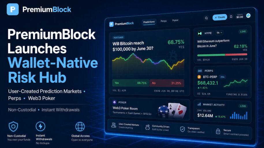 PremiumBlock Launches Non-Custodial Risk Hub for User-Created Prediction Markets, Perps and Web3 Poker