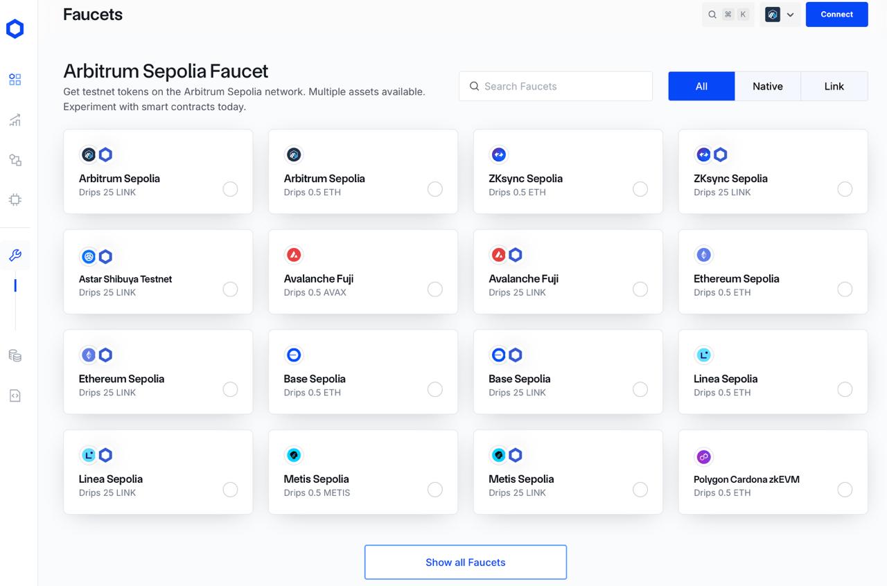 Arbitrum Sepolia Faucet dashboard interface titled "Faucets," displaying a grid of cards for testnet token faucets including Arbitrum Sepolia, ZKsync Sepolia, Avalanche Fuji, Ethereum Sepolia, Base Sepolia, Linea Sepolia, Metis Sepolia, and Polygon Cardona zkEVM.