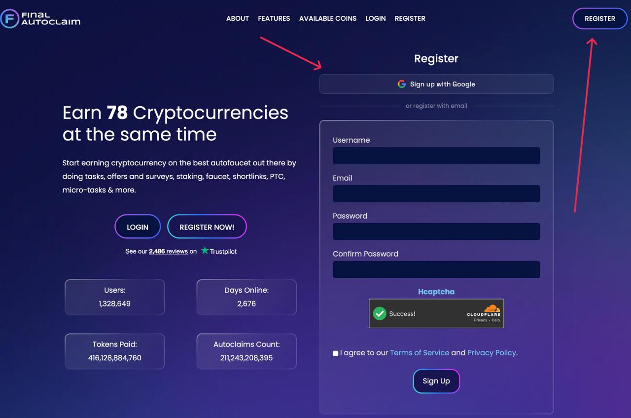 A screenshot of the Final Autoclaim registration page featuring the heading "Earn 78 Cryptocurrencies at the same time," user registration form fields on the right, and two red arrows pointing toward the "Register" navigation button and the registration form area.