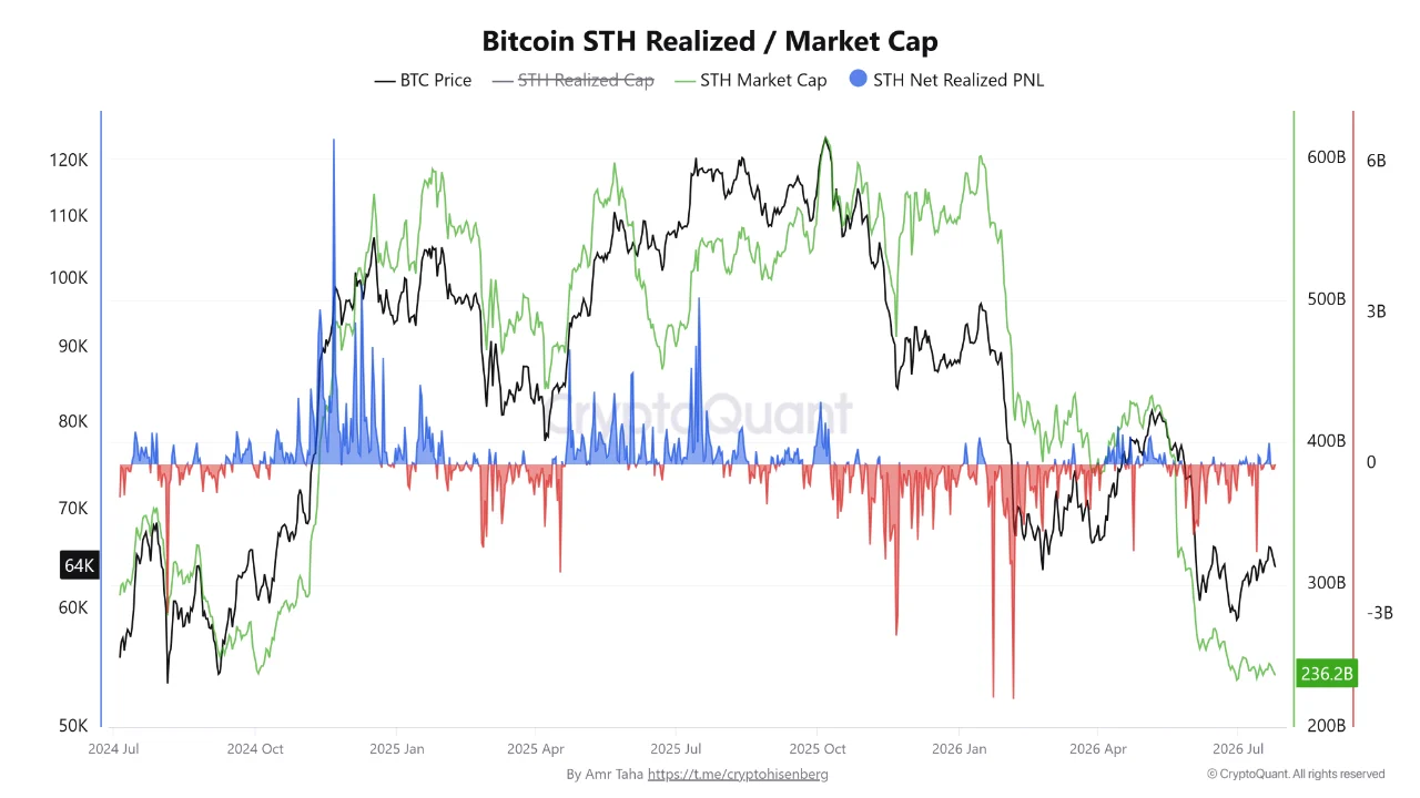 A CryptoQuant chart by Amr Taha tracking Bitcoin's price, short-term holder realized cap, market cap, and net realized PnL from July 2024 through July 2026.v