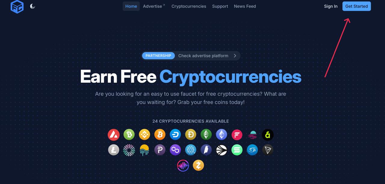 A website interface titled "FaucetCrypto" displaying navigation options, 24 available cryptocurrency icons, and a red arrow pointing to the "Get Started" button in the top right corner.