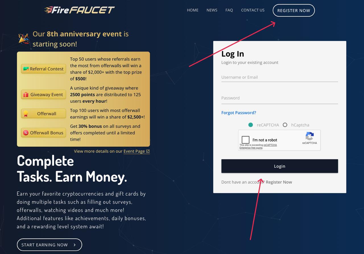 A screenshot of the Fire Faucet homepage featuring the headline "Complete Tasks. Earn Money.," information about an 8th-anniversary event, a login form on the right, and two red arrows pointing toward the "Register Now" options.