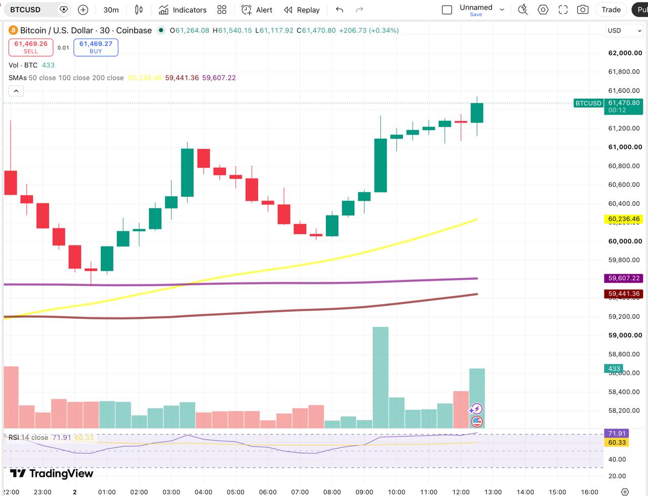 A 30-minute candlestick chart for BTC/USD on Coinbase, showing recent price action, moving averages, and RSI indicators as of July 2, 2026.