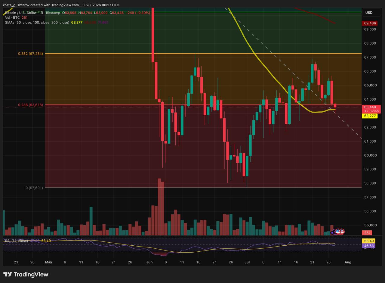 A daily technical TradingView chart for Bitcoin/USD on Bitstamp, dated July 28, 2026, showing price candlesticks trading near $63,448 with Fibonacci retracement levels, moving averages, volume bars, and an RSI indicator at 46.63.