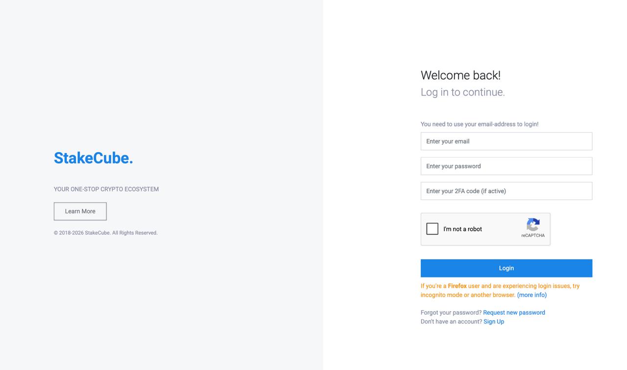 A screenshot of the StakeCube log-in page featuring the platform logo on the left, a "Welcome back!" login form with fields for email, password, and 2FA code on the right, and links for account recovery and registration.