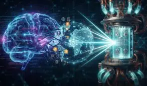 An AI-generated digital illustration linking a glowing human brain and a digital globe with a quantum computer processor and cryptocurrency symbols.