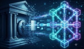 An AI-generated conceptual illustration of a traditional bank vault bursting open, transforming into a glowing digital blockchain network with cubes and cryptocurrency symbols.