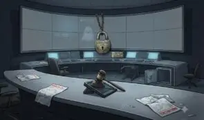 An illustration of an abandoned control room featuring a large padlock labeled "Liquidation Seal Govt. Seized" hanging in front of monitors displaying "BTC-USD" charts, with a gavel and papers reading "Margin Call" scattered on desks.