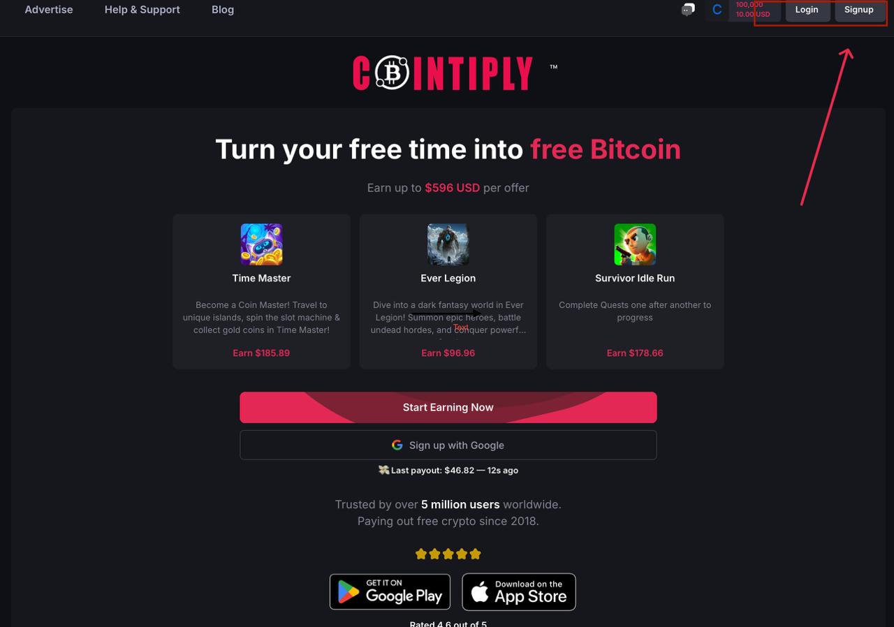 A screenshot of the Cointiply homepage featuring the main tagline "Turn your free time into free Bitcoin," offer previews for games like Time Master and Ever Legion, a red "Start Earning Now" button, and an overlay arrow pointing to the "Signup" button in the top right corner.