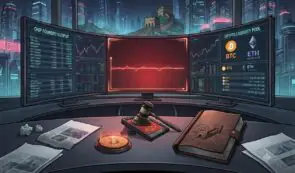 An illustration of a desk in a futuristic office with a view of a city skyline and the Great Wall of China, featuring curved monitors showing data like "CHIP FOUNDRY OUTPUT" and "CRYPTO LIQUIDITY POOL," a gavel, a ledger, and scattered newspapers.