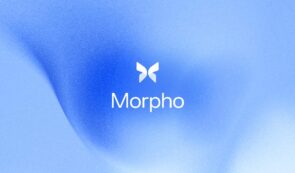 The official logo and branding for Morpho crypto displayed against a textured blue gradient background.