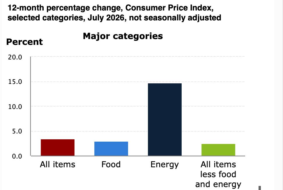 A bar chart from the U.S. Bureau of Labor Statistics showing the 12-month percentage change in the Consumer Price Index for major categories (All items, Food, Energy, and All items less food and energy) in July 2026, not seasonally adjusted.