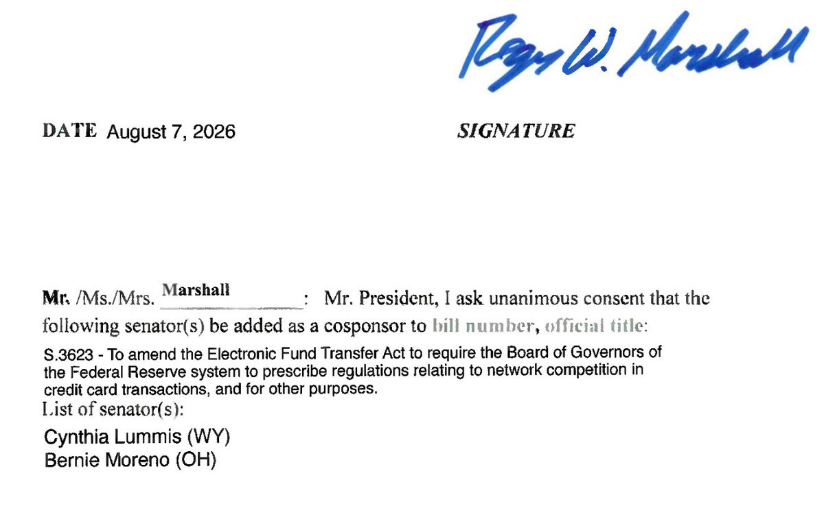 US Senate cosponsor addition form for S.3623 signed by Senator Roger W. Marshall on August 7, 2026, adding Senators Cynthia Lummis and Bernie Moreno.