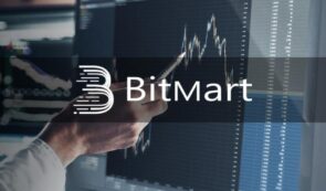 BitMart logo overlayed on top of a trader's hand pointing at a computer screen displaying candlestick price charts and order book data.