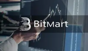 BitMart logo overlayed on top of a trader's hand pointing at a computer screen displaying candlestick price charts and order book data.
