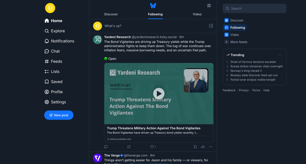 Bluesky web feed showing the Following timeline and trending topics panel