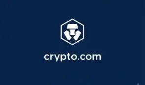 Crypto.com logo displayed on a dark blue background.