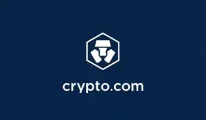 Crypto.com logo displayed on a dark blue background.