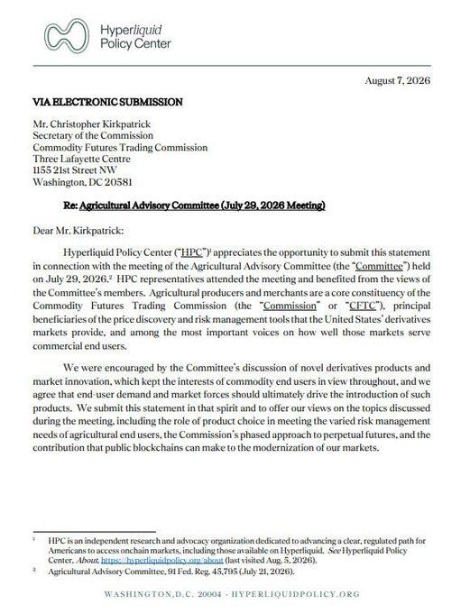 Formal submission letter from the Hyperliquid Policy Center to the CFTC regarding the Agricultural Advisory Committee meeting.