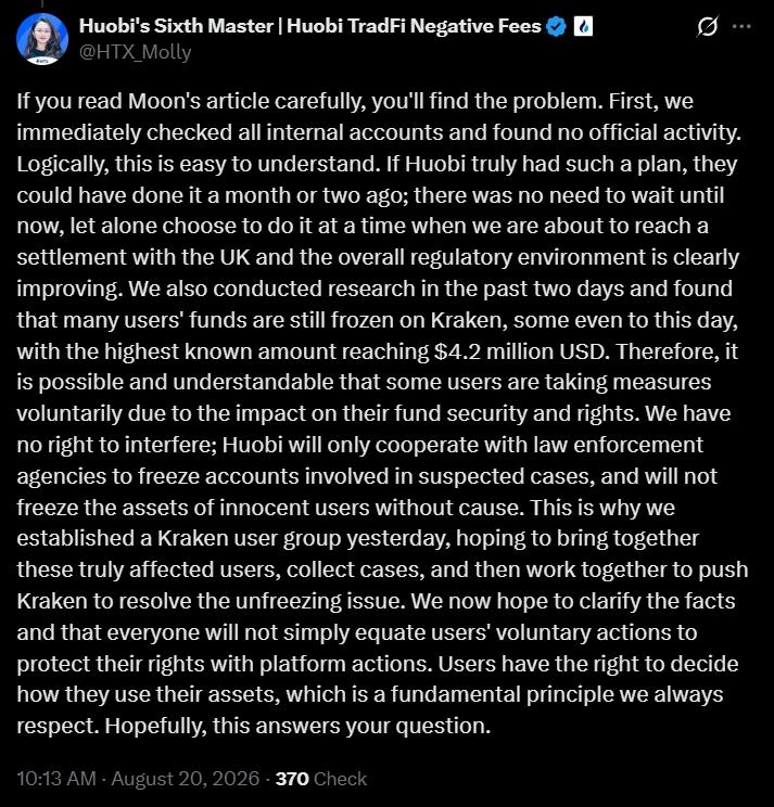 A screenshot of an X (Twitter) post by @HTX_Molly addressing user fund security and clarifying rumors regarding exchange actions and Kraken fund freezes.