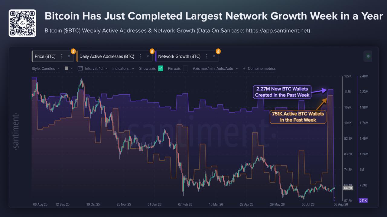 Santiment chart displaying Bitcoin network growth and weekly active addresses, showing 2.27M new BTC wallets created in the past week.