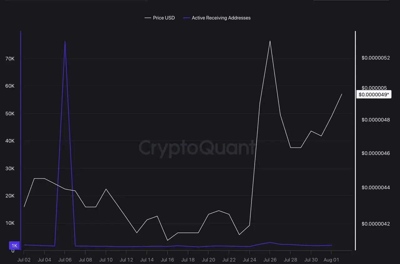 CryptoQuant chart illustrating Shiba Inu price USD against active receiving addresses.