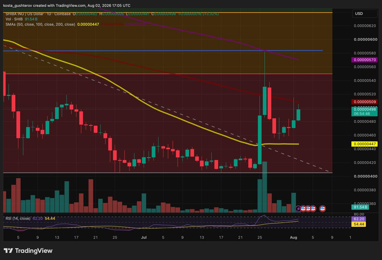 Shiba Inu daily price chart tracking SHIB/USD technical indicators on Coinbase.