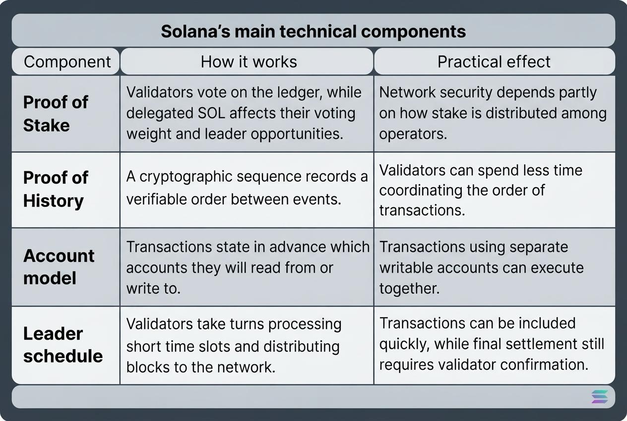 A structured infographic table breaking down Solana's main technical components, detailing how Proof of Stake, Proof of History, the Account model, and the Leader schedule work alongside their practical effects.